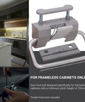Hands-Free Foot Pedal Cabinet Opener For Frameless Cabinet Doors, shown with installation guide and frameless kitchen setup.