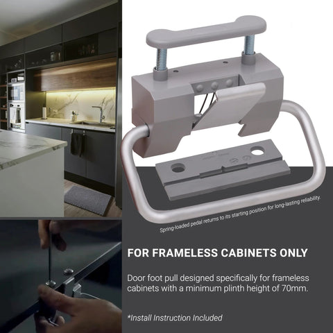 Hands-Free Foot Pedal Cabinet Opener For Frameless Cabinet Doors, shown with installation guide and frameless kitchen setup.