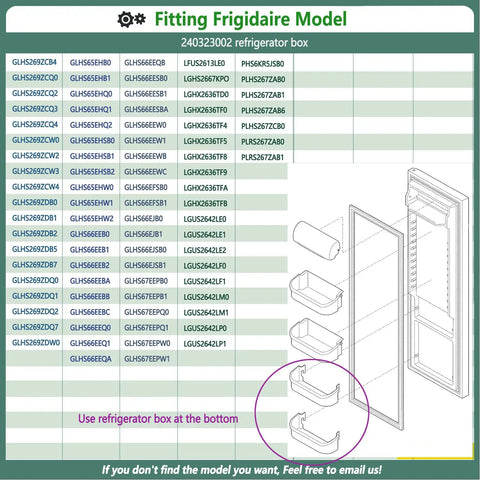 Diagram showing fitting models for Frigidaire refrigerator door bin shelf replacement for bottom slots, highlighted in pink circle.