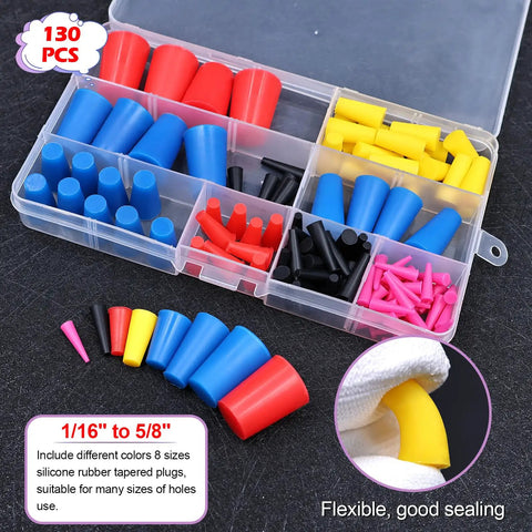 130 Pcs High Temp Silicone Rubber Stopper Set With 8 Sizes Tapered Plugs for Masking Systems in a clear box, color-coded.