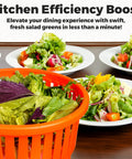 Heavy Hitter Commercial Salad Spinner With 5.5 Gallon 20 Quart Capacity Engineered To Dry Lettuce And Greens Fast Saving Prep Time While Keeping Every Batch Crisp Without The Fuss, orange basket with greens.