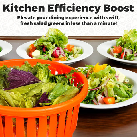 Heavy Hitter Commercial Salad Spinner With 5.5 Gallon 20 Quart Capacity Engineered To Dry Lettuce And Greens Fast Saving Prep Time While Keeping Every Batch Crisp Without The Fuss, orange basket with greens.