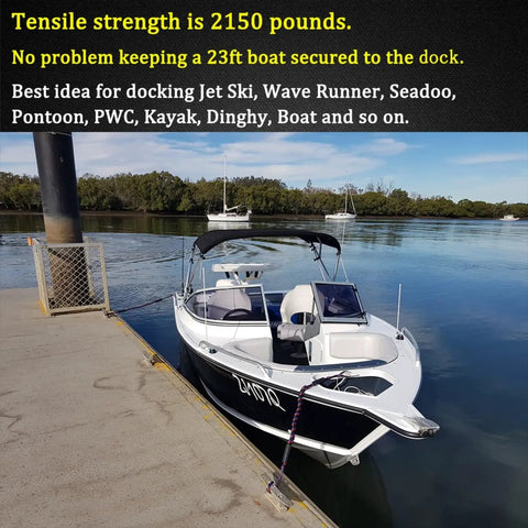 Boat docked using Fast Docking Bungee Dock Lines For Jet Ski PWC Seadoo WaveRunner Pontoon And Bass Boat No Knot Quick Dock Rope