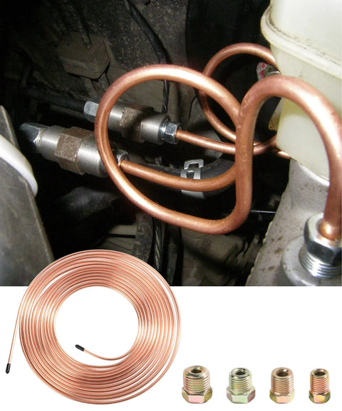 Installation view of 25 Ft 3/16 Copper Nickel Brake Line Kit with flexible rustproof copper coated tubing and fittings.