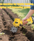 Cordless 20V Tiller Cultivator For Gardening in soil, ergonomic grip, lightweight design, and two steel tines in action.