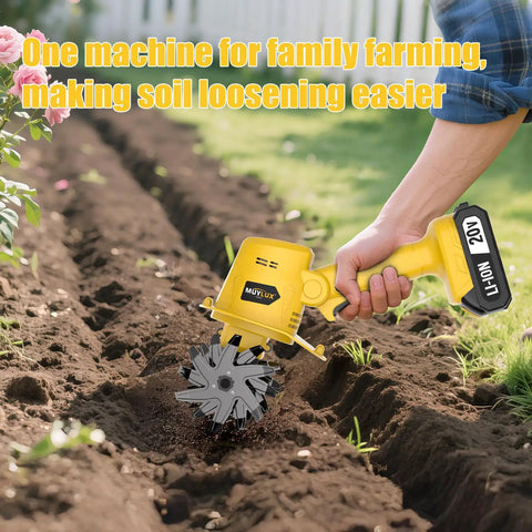 Cordless 20V Tiller Cultivator For Gardening in soil, ergonomic grip, lightweight design, and two steel tines in action.