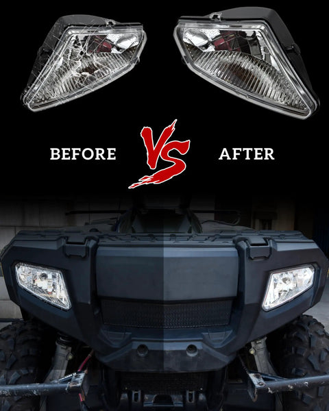 Headlight Housing Replacement For Polaris Sportsman 500 2005-2010 Front Left And Right Lamp Lens Bezels Covers before and after comparison
