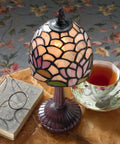 Lotus of Monet's Garden Petite Tiffany Style Table Lamp 12 Inch Full Color Glass Shade with Pale Blue Green Pink Glow on Table
