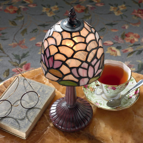 Lotus of Monet's Garden Petite Tiffany Style Table Lamp 12 Inch Full Color Glass Shade with Pale Blue Green Pink Glow on Table