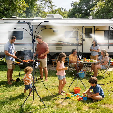 Outdoor Patio Misting System With Adjustable Five Point Seven Five Foot Spray Stand Twenty Six Point Five Foot Water Supply Line in use during BBQ