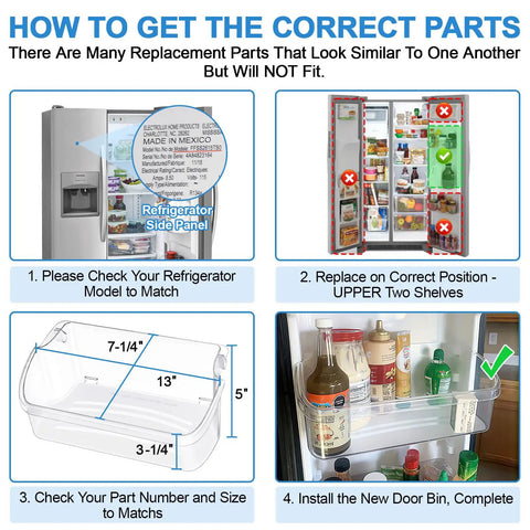 Infographic showing Door Bin Shelves for Frigidaire Gallery Refrigerators Replacement 240324502 Set, installation steps included.