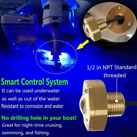 Underwater Boat Drain Plug RGBW LED Light IP68 Marine Trailer Light With 1/2in NPT showcasing installation and glow