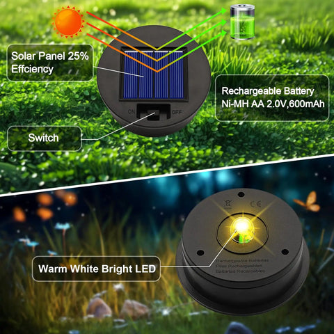 6 Pack Solar Light Replacement Tops for Hanging Lanterns with solar panel, rechargeable battery, and warm white LED.