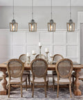 Dining room with four Small Rustic Farmhouse Wooden Pendant Light 1 Light Hanging Ceiling Fixture For Kitchen Island Foyer Dining Room Bedroom Living Room Handmade Antique Style With Adjustable 59-Inch Chain E26 Socket Dimmer Ready Bulb Not Included above wooden table