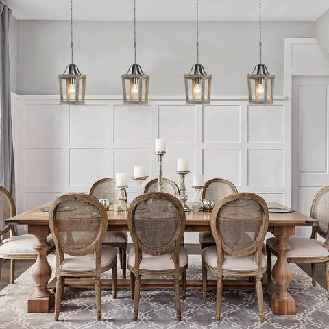 Dining room with four Small Rustic Farmhouse Wooden Pendant Light 1 Light Hanging Ceiling Fixture For Kitchen Island Foyer Dining Room Bedroom Living Room Handmade Antique Style With Adjustable 59-Inch Chain E26 Socket Dimmer Ready Bulb Not Included above wooden table