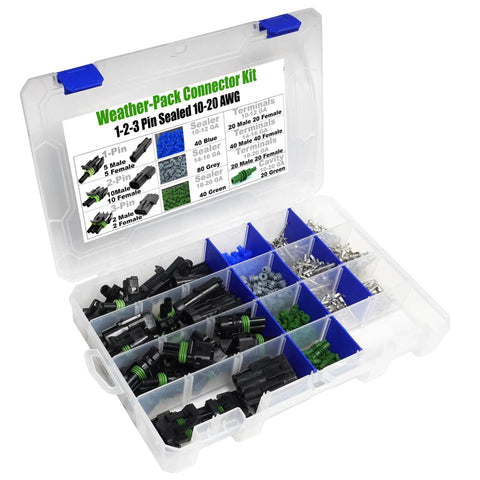 Dope 374 Piece Weather-Pack Connector Kit With Sealed Automotive Terminals For 1 To 3 Pin Holes Perfect For 20 Amp Wiring And 10 To 20 Gauge Cabled Electronics Projects, open organizer case