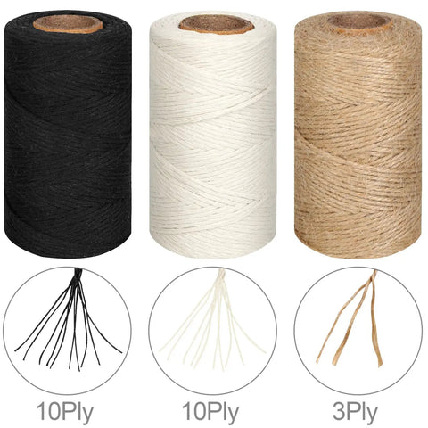 Three Rolls Of 984 Ft Twine String 2mm Natural Jute And White Cotton Rope For Crafts DIY Projects Gardening Gift Wrapping And Decoration Packing Bulk showing black, white, and tan spools with ply details below each.