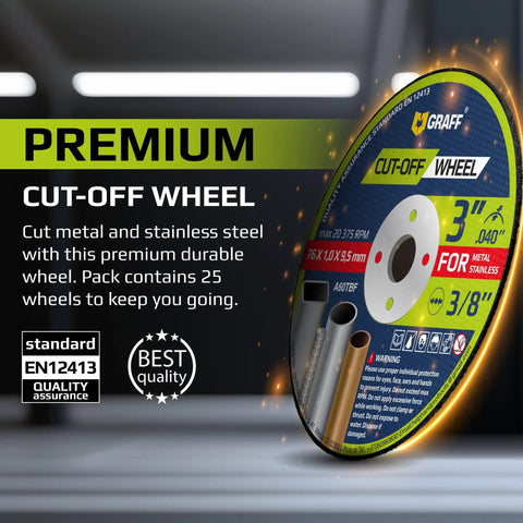 Three Inch Thin Metal And Stainless Steel Cut Off Wheels For Die Grinder Pro Grade Ultra Fast Cutting Disc With Three Eighths Inch Arbor Durable Fiberglass Reinforced Construction Great For Metalwork And Stainless Steel Projects 25 Pack display image