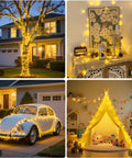 Two Pack Outdoor String Lights Battery Operated, 66 Ft Total, 200 LED Fairy Lights With Remote on tree, room, car, and tent