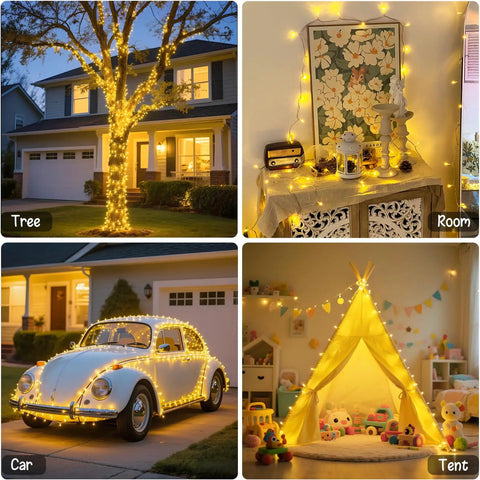 Two Pack Outdoor String Lights Battery Operated, 66 Ft Total, 200 LED Fairy Lights With Remote on tree, room, car, and tent