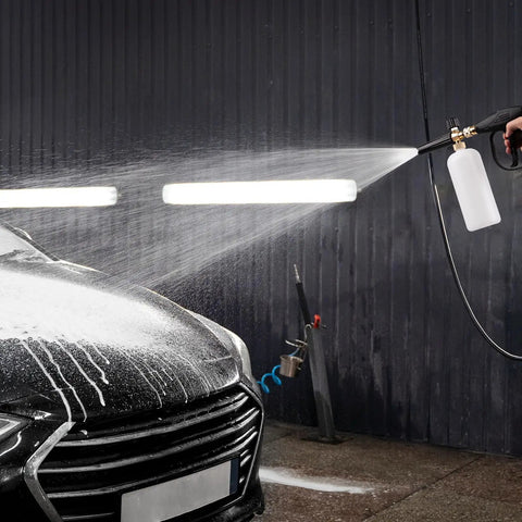 Pressure Washer Short Gun Foam Cannon Kit With One Quarter Inch Quick Connector And Five Nozzle Tips M22 To Fourteen Millimeter Inlet Adapter Up To Two Thousand PSI For Cars Driveways And Patios spraying foam on car