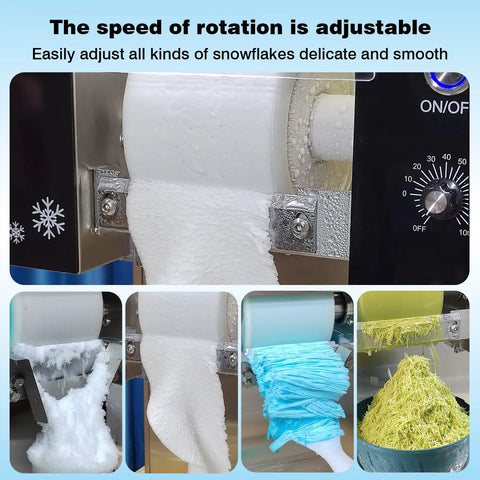 Heavy Duty Commercial Snow Cone Shaver Grinding Down Ice Blocks To Whip Up 198 Pounds Of Silky Shaved Flakes Daily With Tough Steel Cutters And Dependable Air Cooling For Street Vendors And Dessert Shops showing adjustable snowflake size.