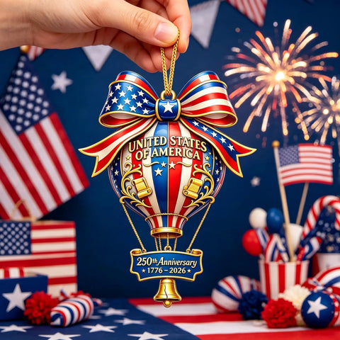 250th Anniversary Acrylic Ornament With American Flag Stars And Stripes Design For Semiquincentennial Celebration 1776 2026 Patriotic Hanging Decor For Home Parties Christmas Tree Hot Air Balloon Style 3.15 Inch