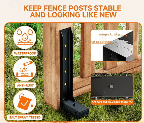 Heavy Duty Black Steel Fence Post Repair Kit for stabilizing leaning wooden posts, featuring waterproof and anti-rust design.