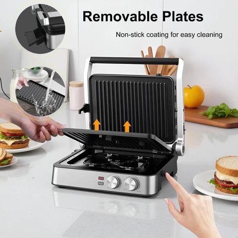 4 Slice Panini Press Contact Grill With Removable Non Stick Coated Plates Temperature Control Timer And Open 180 Degree Design For Cooking Sandwiches Steaks Sausages Quesadillas half black stainless steel finish, showing removable plates.