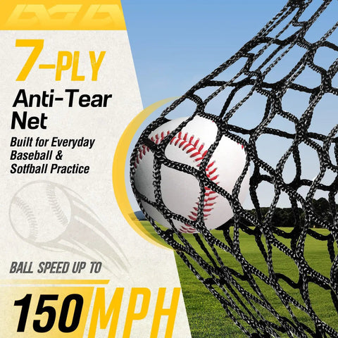 Baseball impact on the 7x7 Baseball And Softball Net With Large Ball Collection System, close-up shot of anti-tear netting.