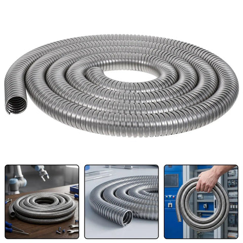 Kickass Stainless Steel Flexible Metal Conduit For Wire Protection 1 Inch X 9.8 Feet coiled conduit showcasing flexibility and durable silver material.