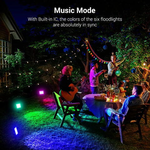 Garden party with Dope Outdoor RGBW 40W LED Flood Light With Smart Color Changing, illuminating colorful scenes in sync.