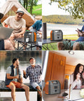 Ultra Portable Power Station 150W 155Wh Solar Generator used for camping, outdoors by a lake, and in an RV kitchen.