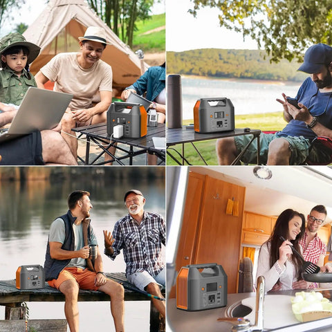 Ultra Portable Power Station 150W 155Wh Solar Generator used for camping, outdoors by a lake, and in an RV kitchen.