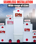Display of various sizes of poly hydraulic reservoirs, including a 5 Quart Poly Hydraulic Replacement Reservoir For Power Units And Heavy Equipment, Built Tough Poly Tank For Dump Trucks, Trailers, RVs And Boats, Precise Fit, Hydraulic Oil Tank Keeps Your System Ready To Roll with others ranging from 4-quart to 13-quart.