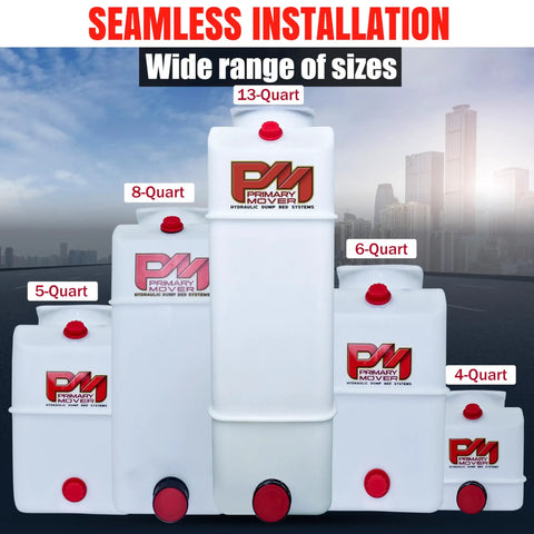 Display of various sizes of poly hydraulic reservoirs, including a 5 Quart Poly Hydraulic Replacement Reservoir For Power Units And Heavy Equipment, Built Tough Poly Tank For Dump Trucks, Trailers, RVs And Boats, Precise Fit, Hydraulic Oil Tank Keeps Your System Ready To Roll with others ranging from 4-quart to 13-quart.