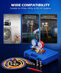 Four Way AC Diagnostic Manifold Gauge Kit With Five Foot Hoses For R134A R410A R22 Complete Gauge Set Includes Color Coded Hoses Quick Couplers Adapters And Puncture Style Can Tap For Easy Refrigerant Service.