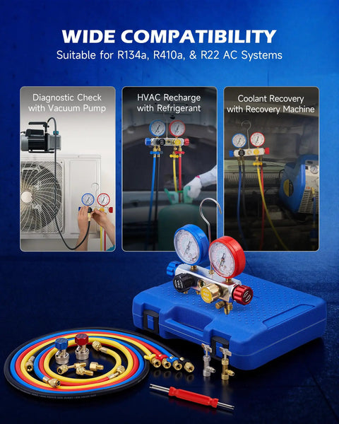 Four Way AC Diagnostic Manifold Gauge Kit With Five Foot Hoses For R134A R410A R22 Complete Gauge Set Includes Color Coded Hoses Quick Couplers Adapters And Puncture Style Can Tap For Easy Refrigerant Service.