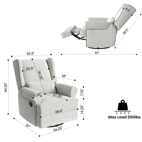 Dimensions of the Swivel Recliner Chair With Extra Large Footrest, Plush Upholstered Glider Rocker for Living Room, Bedroom, and Office, Off White