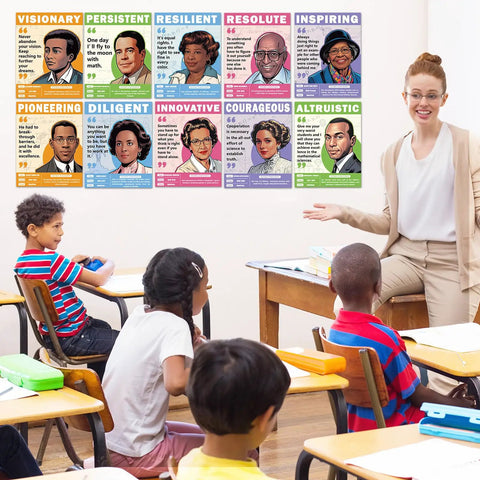 Classroom with ten famous Black mathematicians posters featuring quotes, each 11x14 inches, part of the Ten Piece Set Of Famous Black Mathematicians Posters For Classroom Ready 11 By 14 Inch Inspirational Quotes And Math Wall Art For Social Studies Learning Decor In Middle School High School College Library Room Includes Forty Adhesive Dots.