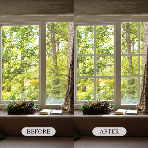 Before and after of DIY Window Grille Inserts Grid Kit Self Adhesive Trim 15 Ft Long White Thick Version on window