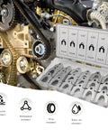 Pro-Grade Universal Car Alignment Shim Kit With 144 Pieces in storage box, shown against auto engine backdrop