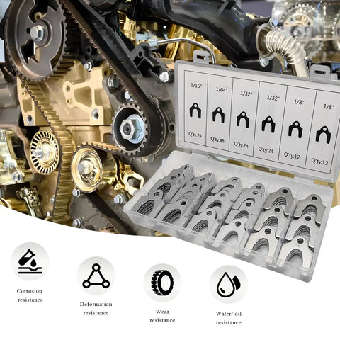 Pro-Grade Universal Car Alignment Shim Kit With 144 Pieces in storage box, shown against auto engine backdrop