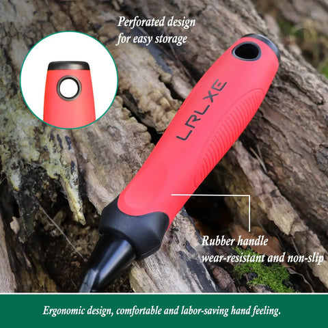 Close-up of a red non-slip rubber handle from a heavy duty stainless steel garden trowel on rocky dirt