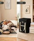 Before and after of an Extra Large Black Storage Bin With Heavy Duty Zipper, Foldable Fabric Bags For Clothes Blankets Comforters Pillows And Toys.