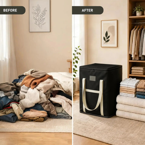 Before and after of an Extra Large Black Storage Bin With Heavy Duty Zipper, Foldable Fabric Bags For Clothes Blankets Comforters Pillows And Toys.