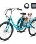 Electric Tricycle For Adults 26 Inch Trike With 250W Peak 500W Motor 468Wh Removable Battery 31 Mile Range Three Modes 3 Wheel Electric Trike For Seniors Teal Color Easy Ride For Daily Commute, side view with basket and dog