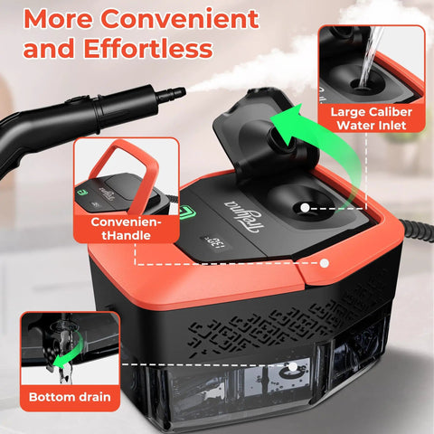 Heavy Duty 2500W Steam Cleaner With 1.9 Quart Tank And Four Bar High Pressure showing handle and water inlet on kitchen counter