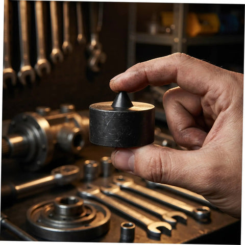 KALLORY 6 Pack Shaft End Protectors For Grip-O-Matic Pullers held in hand, black conical shaft guard cap for industrial machine use.