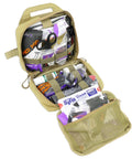 Open Rip Away Officer's Patrol Tactical Gunshot And Trauma IFAK Kit with headrest mount, desert tan, showing contents